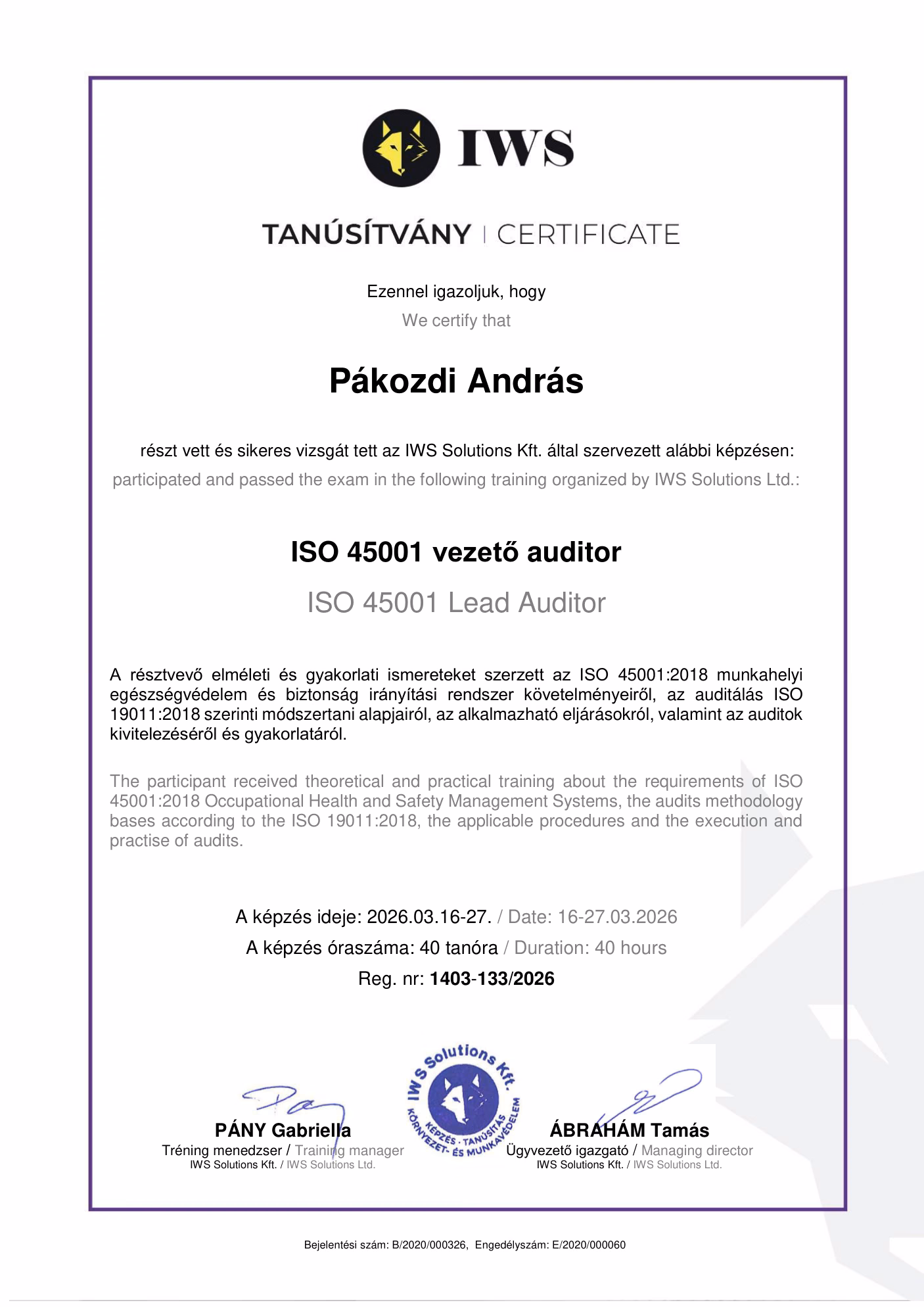 ISO 45001 vezető auditor tanúsítvány, IWS Solutions Kft., 2026